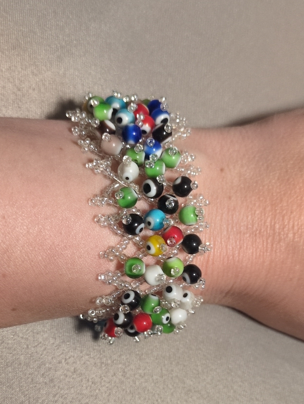 Evil Eye Multicolor Beaded Cluster Bracelet - Handmade